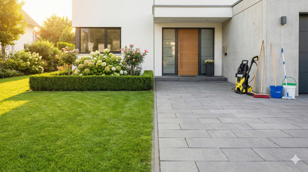 Gepflegte Außenanlage in Heubach mit sauberem Pflasterweg und akkurat geschnittener Hecke von Malek Grün & Grau.